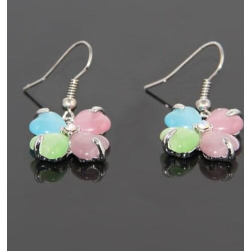FYJS Unique Silver Plated Flower Many Colors Cat Eye Stone Dangle Earrings for Women Fashion Jewelry