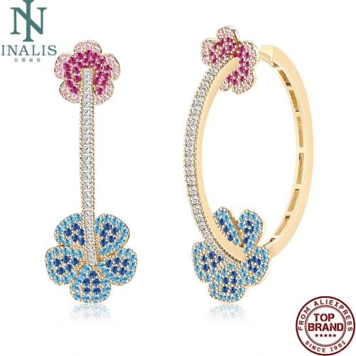 INALIS Copper Hoop Earrings Ethnic Flower Shape Fashion Jewelry Cubic Zirconia Women Earring Festival Pretty Gift For Girlfriend