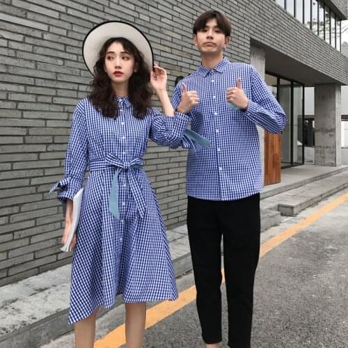 Korean couple clothing tshirts college fashion style pair lovers women summer beach dress plaid matching clothes outfit wear 40