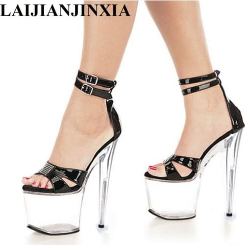 LAIJIANJINXIA 20cm ultra high heels shoes sexy crystal star dinner party formal dress shoes 8 inch clear platform sandals E-119