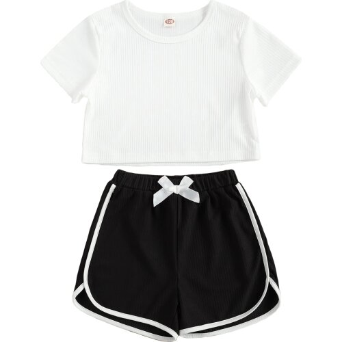 Citgeett Summer Kids Baby Girl 2Pcs Set Short Sleeve White Crop Top+Bow Black Elastic Waist Shorts Clothes