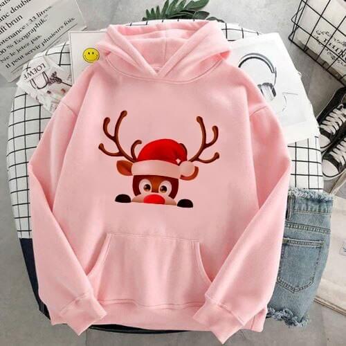 Kawaii Christmas deer Hoodies oversized print Sweatshirts Hooded Female Harajuku Spring Casual New Korean Pink Pullovers Women