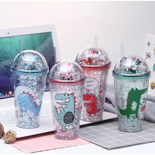 Cartoon double-layer crushed ice straw cup dinosaur quicksand plastic childrens cup portable gift student cup coffee cup
