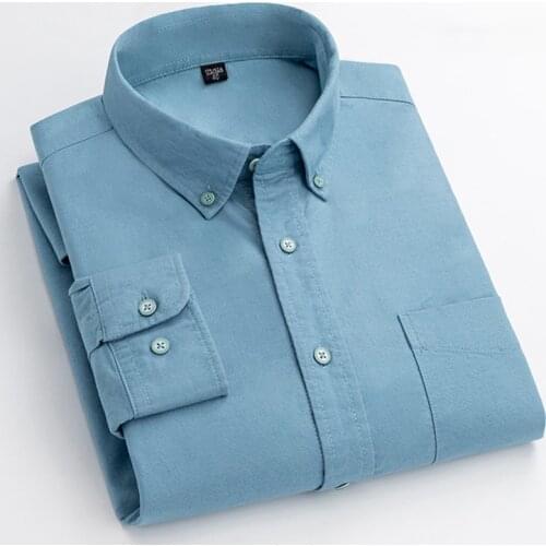 100% Cotton Mens Oxfor Dress Shirt Long Sleeve Button Down Business Casual Male Social Comfortable Shirts Patch Chest Pocket