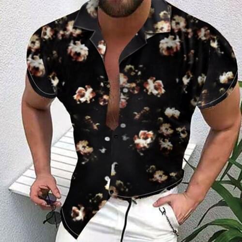 Mens Summer Large Size Loose Thin Print Casual Fashion Turtleneck Cardigan Beach Shirt Short Sleeve Shirt