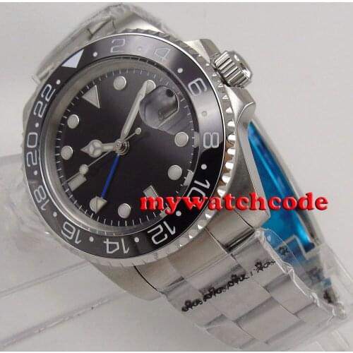 40mm Bliger black sterile dial ceramic blue GMT sapphire glass automatic mens watch B177B