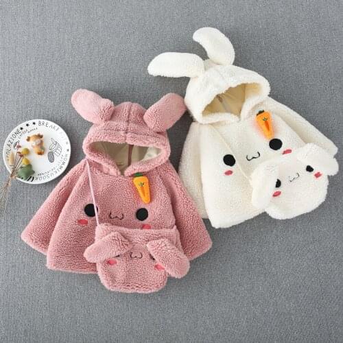 2020 New Hot Autumn Winter Baby Cute Cotton Coat Plus Fleece Zip-Up Rabbit Ear Hoody Jacket, Matching Bag Included ropa de