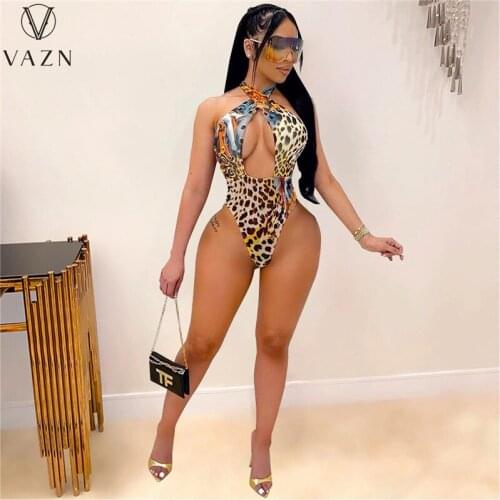 VAZN 2021 women fashion new sexy holiday beach style jumpsuits sleeveless hanging neck leopard grain jumpsuits short pants