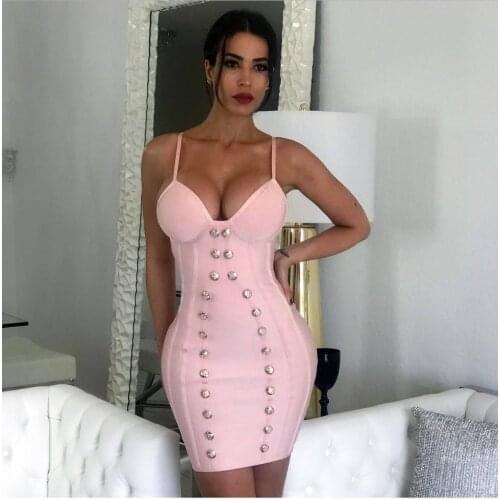 Rayon Sleeveless V Neck Button Solid Mini Bodycon Bodycon Bandage Dress Evening Party Dress Pink Dark Blue