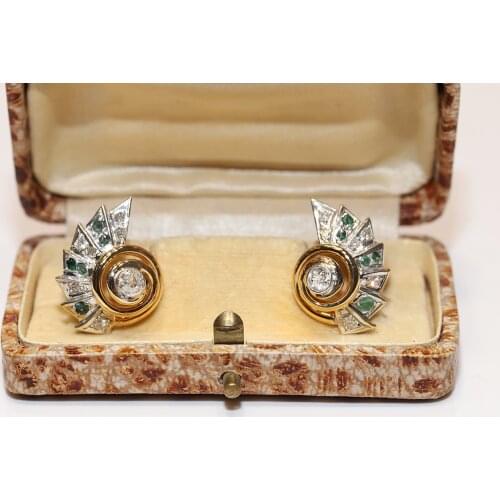 Old Original Vintage 14k Gold Natural Diamond And Emerald Decorated Pretty Strong Earring