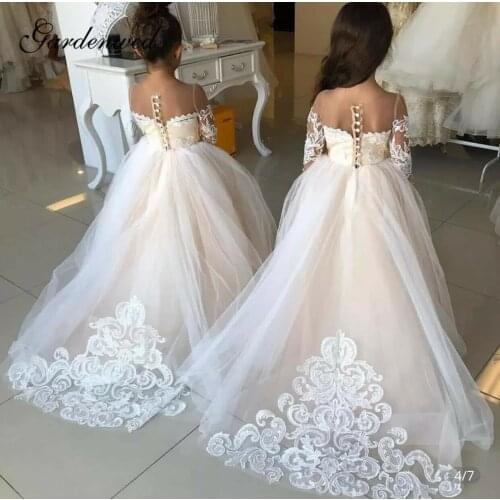 Flower Girl Dress With Bow Lace Appliques Long Sleeve For Wedding Birthday Ball Gown First Holy Communion Dresses