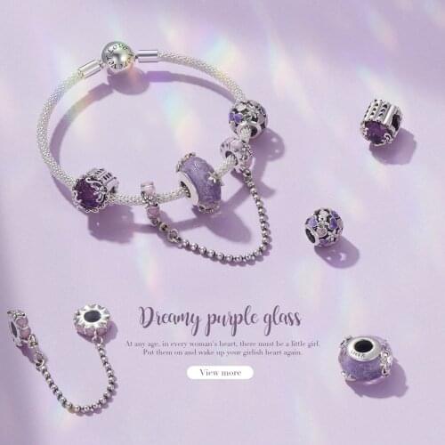 WOSTU 925 Sterling Silver Dreamy Purple Glass Charm Wave Heart Pendant Fit Original Bracelet Necklace DIY Jewelry