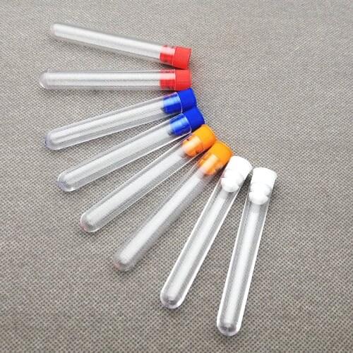 100pcs/lot 12x75mm Clear Plastic test tubes with plastic color stopper push cap Round bottom wedding gift vial Bath salt tube