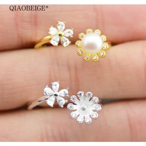 QIAOBEIGE silver 925 ring diy small pearl fittings flower jewerlry accessories for women girls adjustable open ring china sale
