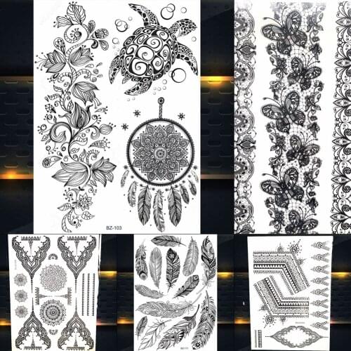 REJASKI Turtle Feather Lace Butterfly Black Henna Temporary Tattoos For Women Sticker Fake Tatoos Waterproof Art Custom Tattoo