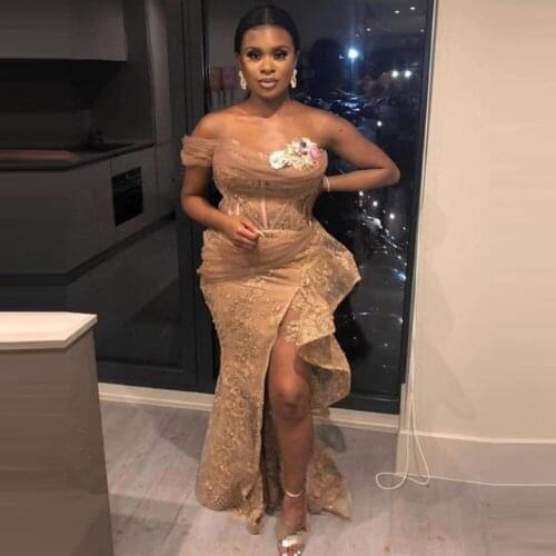 Sexy High Slit Prom Dresses Ruffles Formal Party Strapless Gown Arabic Aso Ebi Muslim Lace Applique Evening Dresses Plus Size