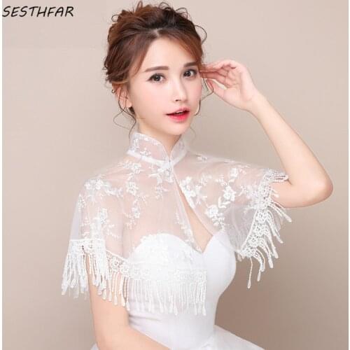 Bridal Wedding Shawl High Neck Lace Wrap Accessories Tassel Short Cape For Women Fall Cover Up Evening Party Jackets PJ071