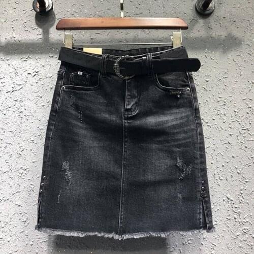 Summer Casual Fashion Womens Lady Black Tassel Ripped Denim Skirt , 2019 New Female Women Rivets 4xl 5xl Placket Jeans Skirts