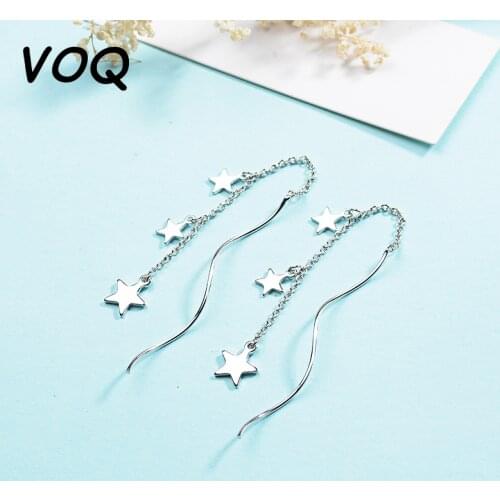 VOQ 925 Sterling Silver Delicate Chain Earrings Star Wave Long Tassel Earrings for Women Gift Pendientes Oorbellen