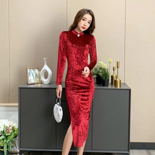Autumn Women Long Sleeve Stand Collar Elegant Velvet Dresses Vintage Bandage Split Pencil Dress Sexy Party Bodycon Maxi Dresses