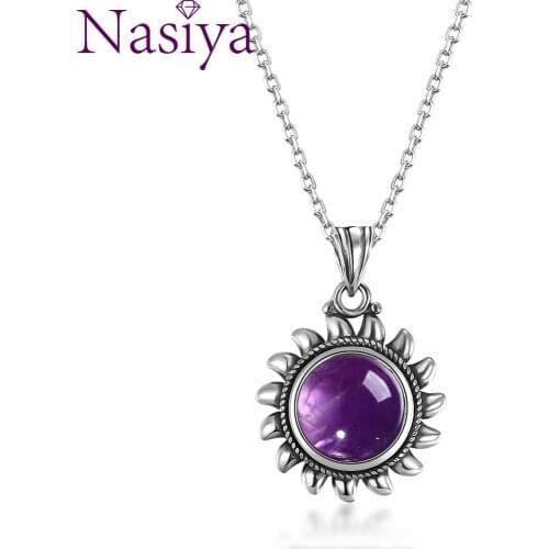 Natural Amethyst Necklace for Women Sterling Silver 925 Vintage Style Sun Shaped Pendant Charming Necklace Gift Jewelry Whoesale