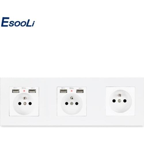 Esooli 3 Gang PC French Standard Wall Socket With 2 USB Charging Port + 1 Gang French Socket Plastic Panel 258*86mm