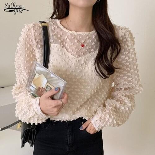 White Jacquard Fashion Top Female Long Sleeve Chic Shirt Early Spring Sweet Slightly Transparent O-Neck Puff Sleeve Blouse 13023