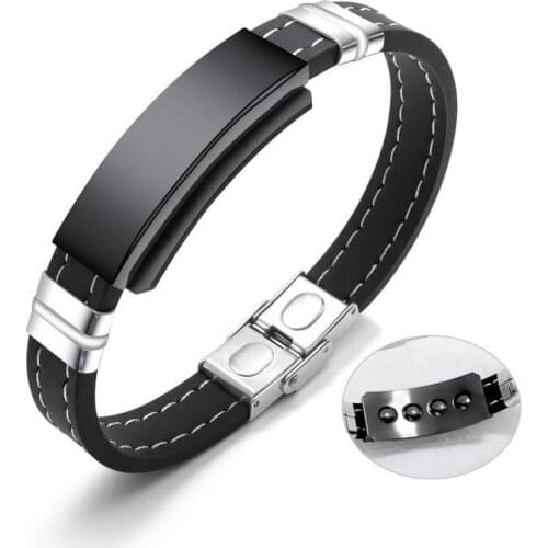 Health Bracelet Black Men Magnetic Bracelet Stainless Steel Bracelets with Chain Silicone Rubber Wristband Jewelry Accessories