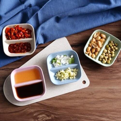 4PCS Home Kitchen Snack Plate Dish Seasoning Tableware Wheat Straw Double Grid Small Vinegar Soy Sauce