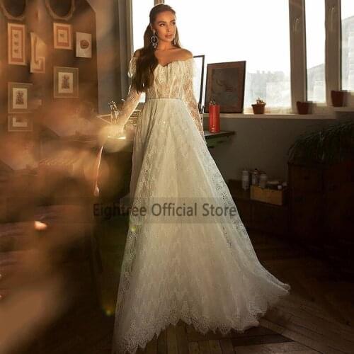 Eightree Elegant Lace Wedding Dresses 2021 Boda Long Sleeve Bridal Dress Lace Women Vintage Wedding Gowns Crystals Belt