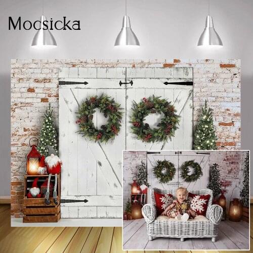 Photography Christmas Birthday Backdrop Winter Retro Wood Backdrop Wreath Brick Wall Xmas Headboard Portrait Photo Studio Props