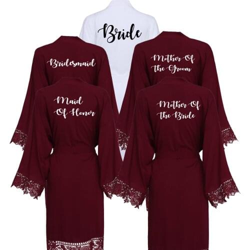 Bridesmaid Bride Robes Rayon Cotton Kimono Robes with Lace Robe Women Wedding Bridal Robe Short Robe Burgundy