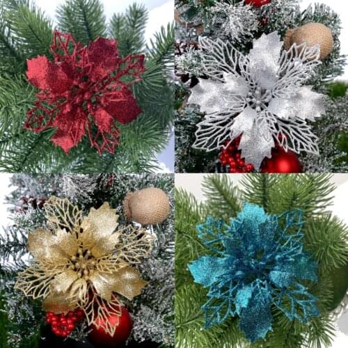 2021 Hot Sale 5Pcs Artificial Fake Flower Christmas Glitter Flowers Merry Christmas Tree Decorations For Home Gift Xmas Ornament