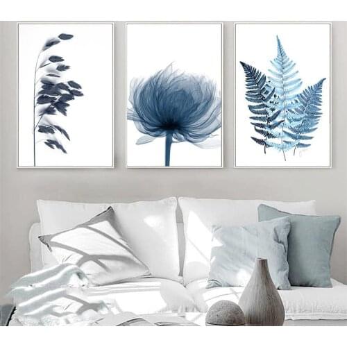 Canvas Painting Blue Botanical Leaf Poster Minimalist Nordic Flowers Plant Print Wall Art Pictures for Living Room Home Decor