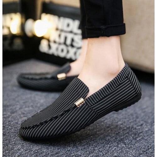 Loafers Men Canvas Comfortable Flat Peas Shoes Striped Fashion All-match Casual Driving Shoes Lightweight Breathable Footwear