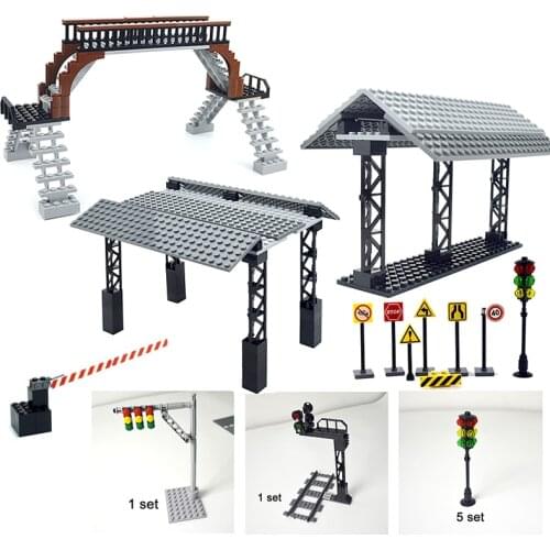 City Train Station Bus Stop Model Classic Brick mini signs signal lamp Road traffic light Stations for Trein Car Building Blocks
