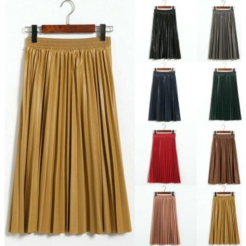 New Womens high waist pleated Slim leather skirt casual half-length skirt autumn and winter long wild long skirt