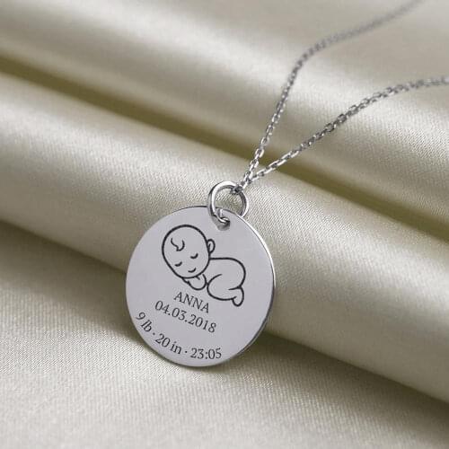 MumuXing Baby Birth Necklace stainless steel Personalized Carving Baby Birth Data Round Pendant Jewelry For Mother Newborn Gift