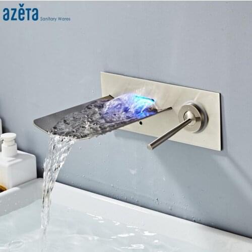 AZETA Modern LED Waterfall Basin Faucet Bathroom Brushed Nickel Brass Mixer Tap Wall Mounted Single Handle Basin Tap AT333BN