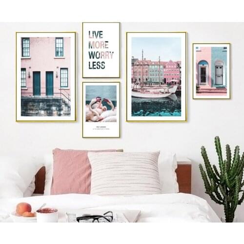 Modern minimalist Nordic town painting mural decoration painting pink architectural core