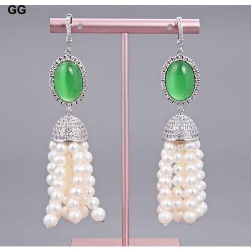 GuaiGuai Jewelry Natural Pearl 4-5MM 7-8MM White Pearl Green Crystal Earrings CZ Fitting