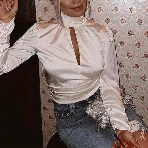 Sexy Crop Top Backless Solid Shirts Women Lace Up Turtleneck Long Sleeve Womens Blouse 2021 Spring Streetwear Satin Shirts