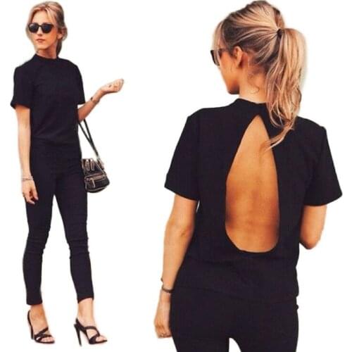 Hollow Back T-Shirt For Women 2020 New Summer Fashion Women T Shirt Backless Short Sleeve O-Neck Tee Tops Black Shirt