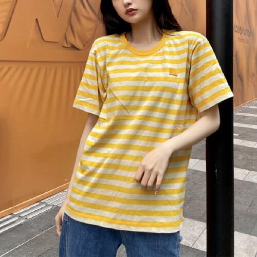 Womens Stripes T-Shirt Smiley Embroidery Cotton Shirt Short-Sleeve Tee 2021 Summer New O-Neck Ladies Casual Tops Streetwear