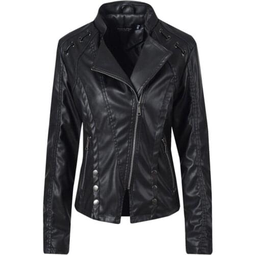 Stylish womens Leather jackets 2020 Autumn Winter Slim short black Turndown collar Coat PU leather jacket locomotive jackets