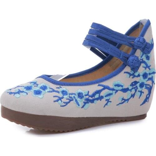 YourSeason Chinese Style Ladies Canvas Hidden Platform Shoes Plum Flower Embroidery Retro Women Casual Ankle Strap Pumps