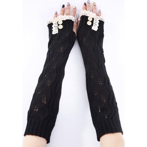 Winter Women Long Warm Leaves Lace Sleeves Mittens Female Acrylic Stretch Knit Half Finger Fingerless Arm Warmers Gloves C79