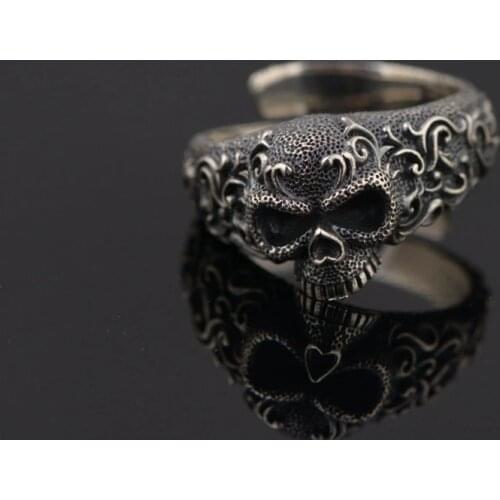 100% Real 925 STERLING SILVER Punk Rock Women Mens antique cool skull ring Adjustable wholesale jewelry Gift A1344