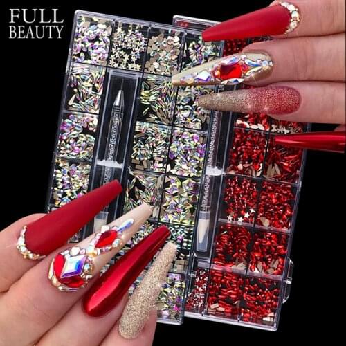 1000pcs Crystal AB Gems In Grids Nail Art Rhinestone Set With Pick Up Pen Mixed Shape Flatback Decoration Manicure Kits CH1921-1