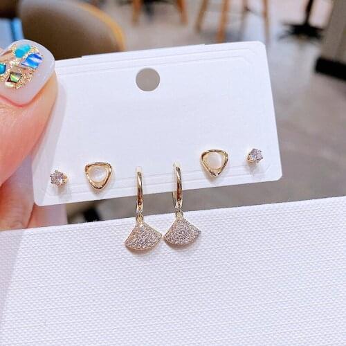 Trendy 3 Pairs Cat Eye Stone Skirt Stud Earrings Set for Women Gold Color Plated Cubic Zircon Jewelry